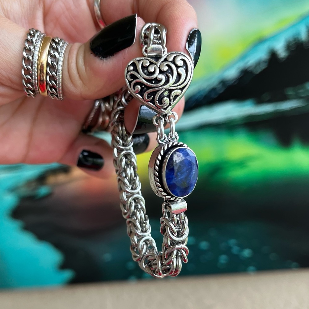 stainless steel maille link bracelet with blue sapphire gem & heart charm clasp - Picture 4 of 12